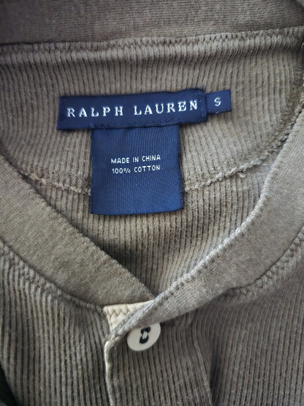 Vintage Ralph Lauren 100% Cotton Ribbed Henley Top Olive Fitted Long Sleeve S - Picture 5 of 6